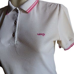 Women's Small Vintage 1980's Levis Embroidered Logo Polo Shirt Pink Accents
